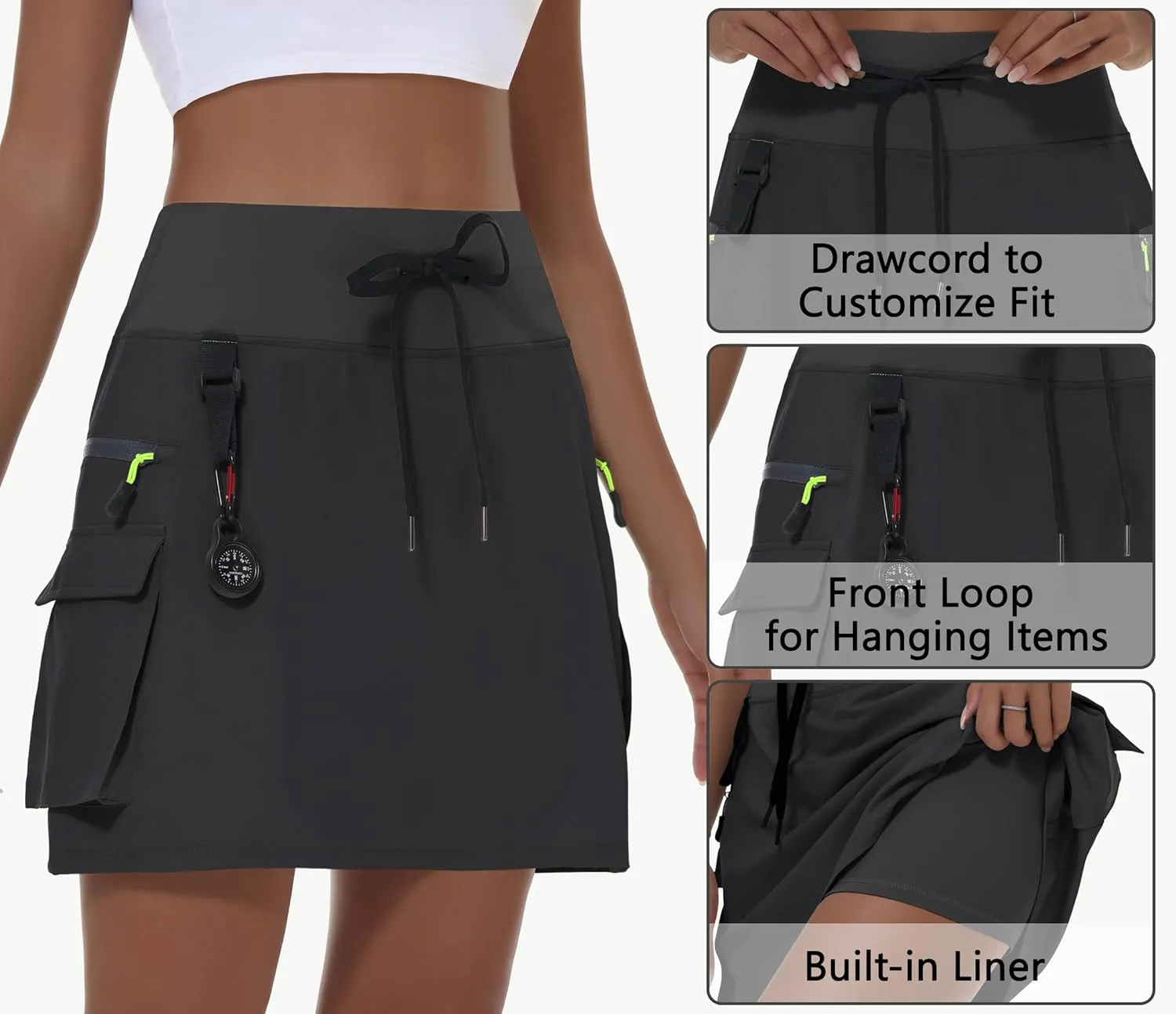 Women's Hiking Cargo Skort Skirt High Waisted Golf Dressy Casual with Zipper Pockets Workout Sport Quick Dry Skirts