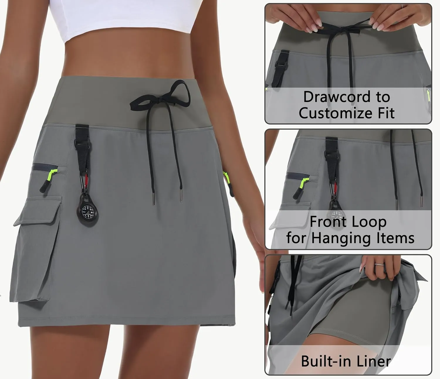 Women's Hiking Cargo Skort Skirt High Waisted Golf Dressy Casual with Zipper Pockets Workout Sport Quick Dry Skirts