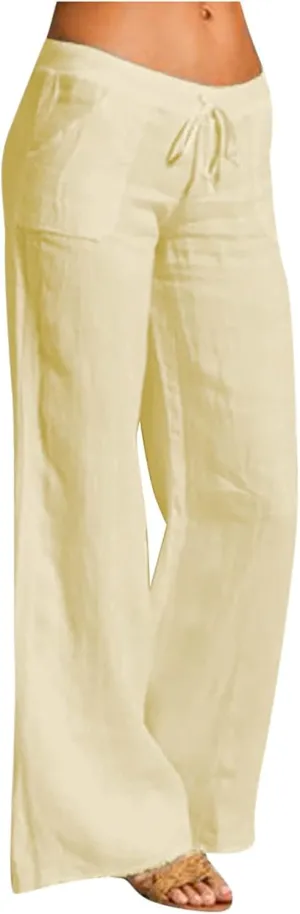 Womens Low-Rise Flowy Linen Pants Summer Beach Relax Fit Sweatpants Aesthetic Drawstring Bootcut Trousers with Pockets