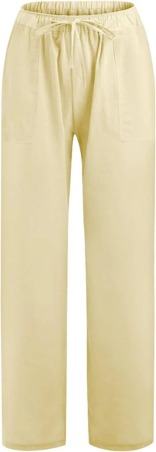 Womens Low-Rise Flowy Linen Pants Summer Beach Relax Fit Sweatpants Aesthetic Drawstring Bootcut Trousers with Pockets