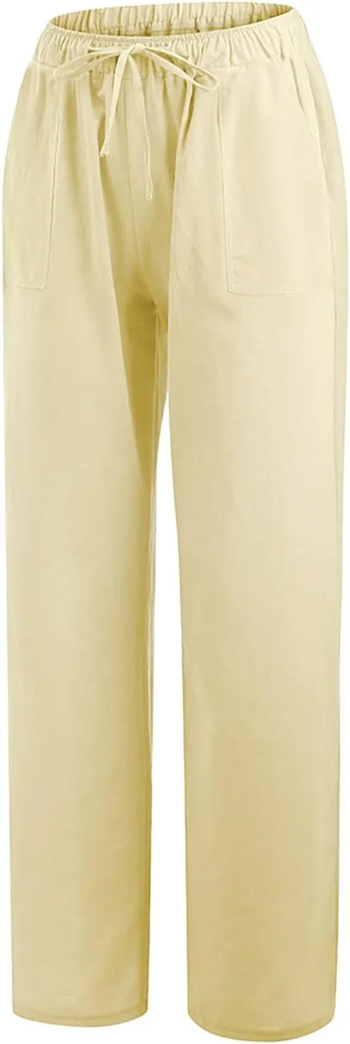 Womens Low-Rise Flowy Linen Pants Summer Beach Relax Fit Sweatpants Aesthetic Drawstring Bootcut Trousers with Pockets