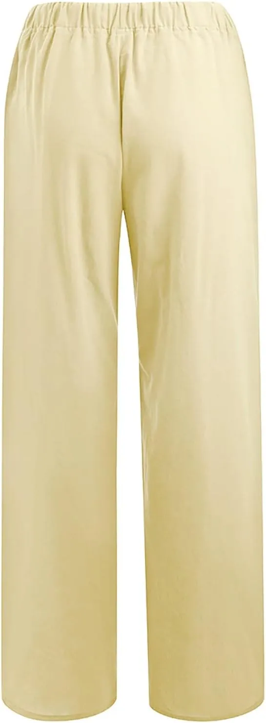 Womens Low-Rise Flowy Linen Pants Summer Beach Relax Fit Sweatpants Aesthetic Drawstring Bootcut Trousers with Pockets