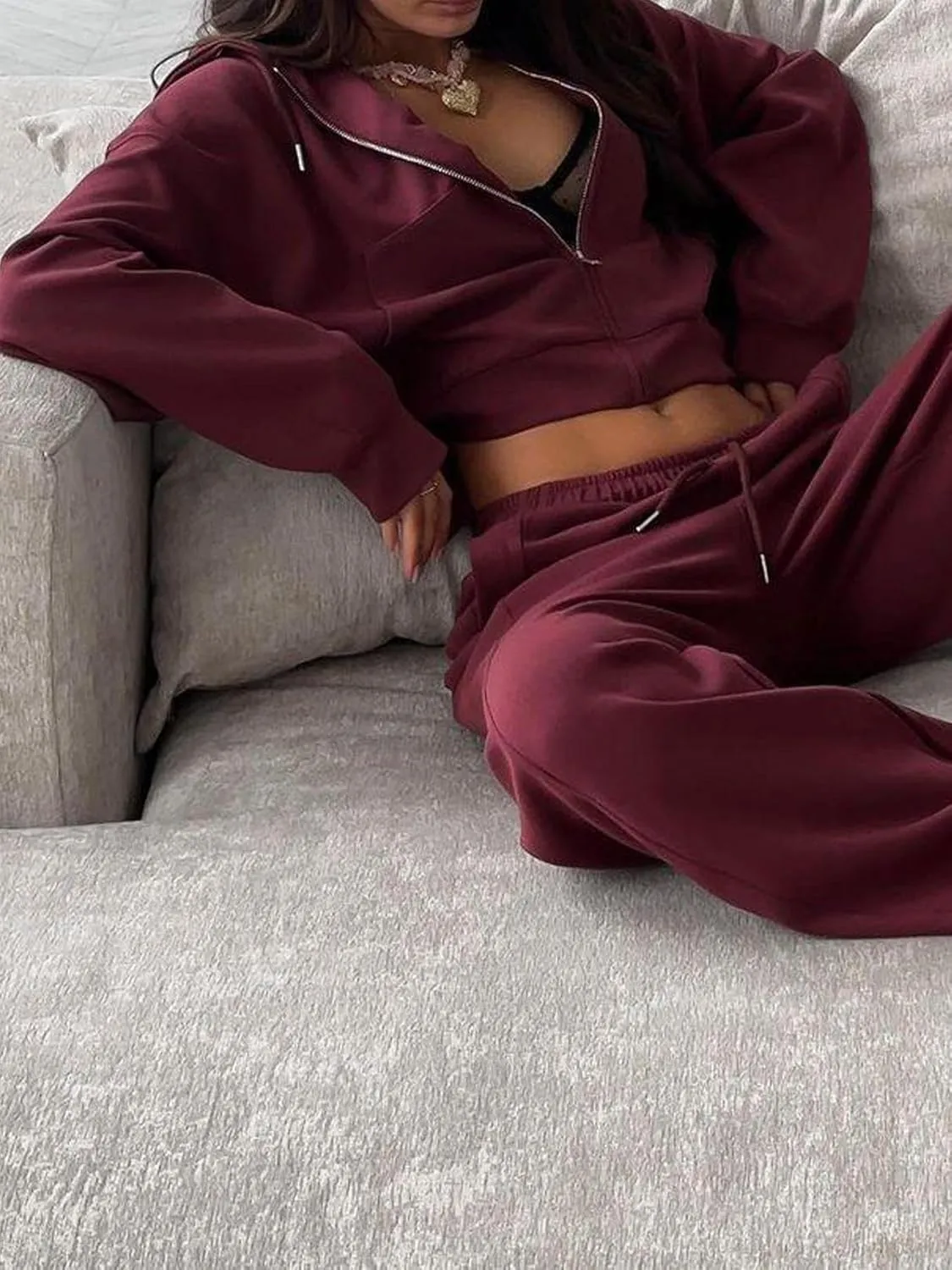 Women's Sweatsuits 2 Piece Outfits Zip Up Crop Hoodie Sweatshirt Drawstring Wide Leg Sweatpants Spring Lounge Sets