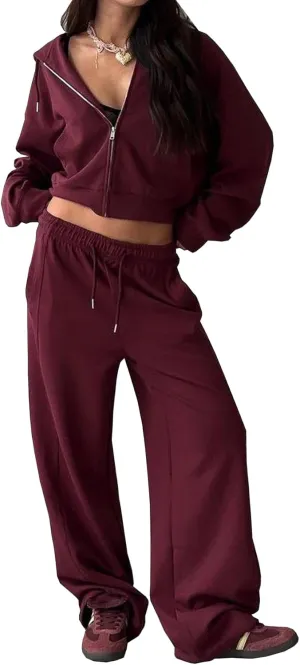 Women's Sweatsuits 2 Piece Outfits Zip Up Crop Hoodie Sweatshirt Drawstring Wide Leg Sweatpants Spring Lounge Sets
