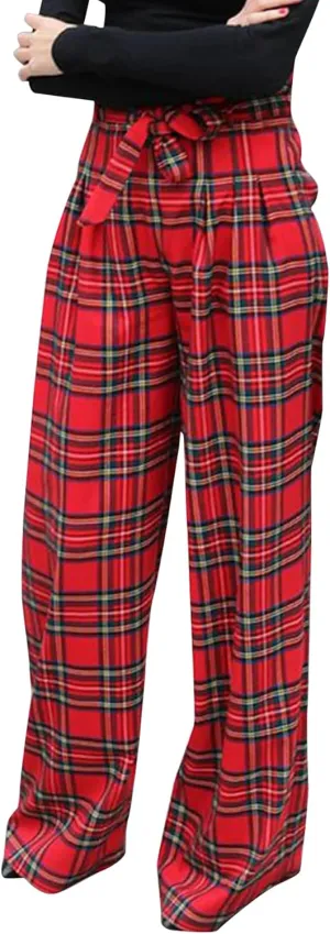 Women's Tartan Plaid Print Pants High Waisted Wide Leg Baggy Palazzo Pants with Belt Red