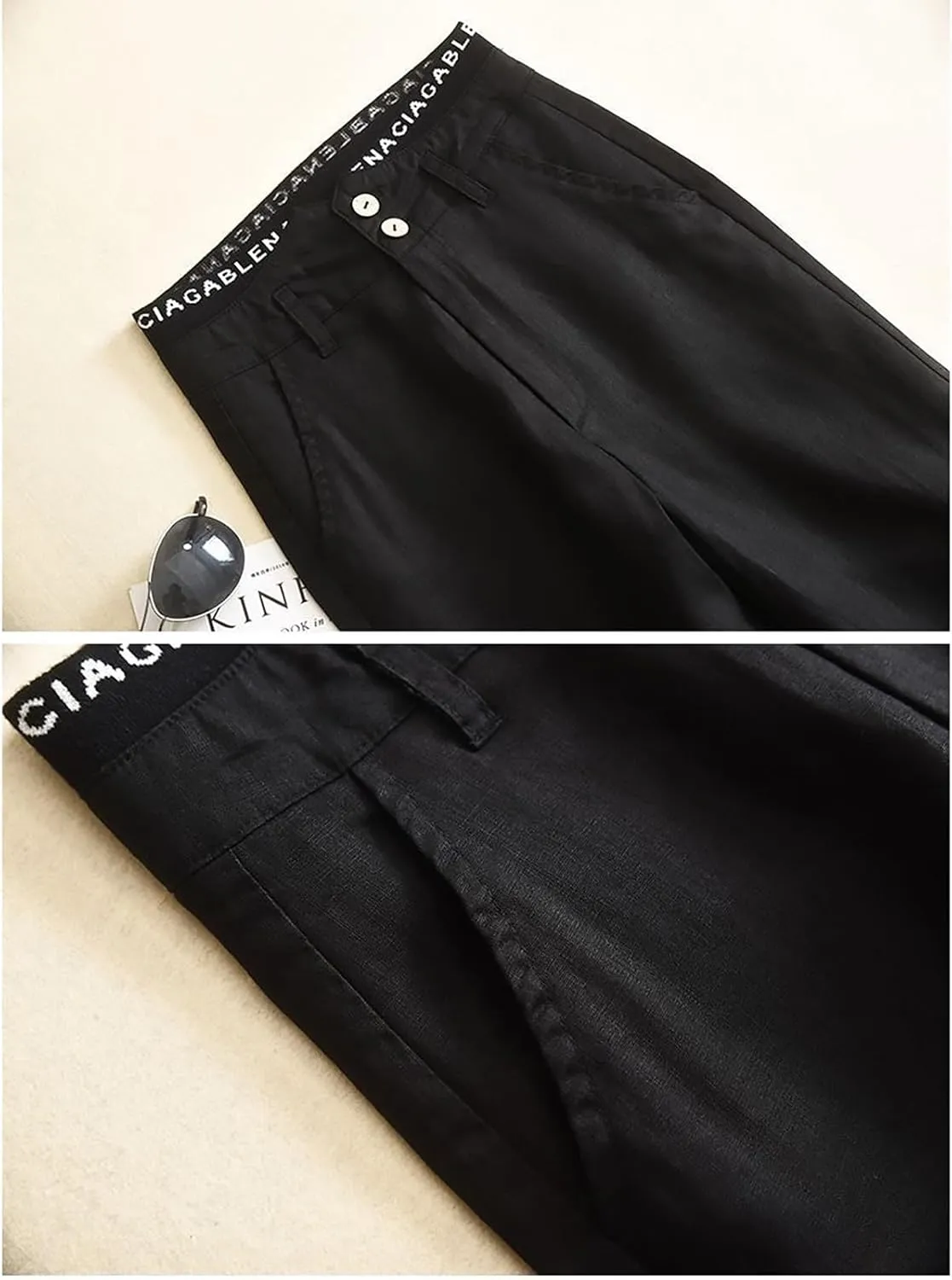 Womens Wide Leg Linen Pants Casual Button High Waisted Palazzo Trousers Summer Comfy Loose Fit Beach Pant with Pockets