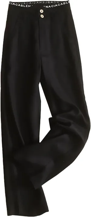 Womens Wide Leg Linen Pants Casual Button High Waisted Palazzo Trousers Summer Comfy Loose Fit Beach Pant with Pockets