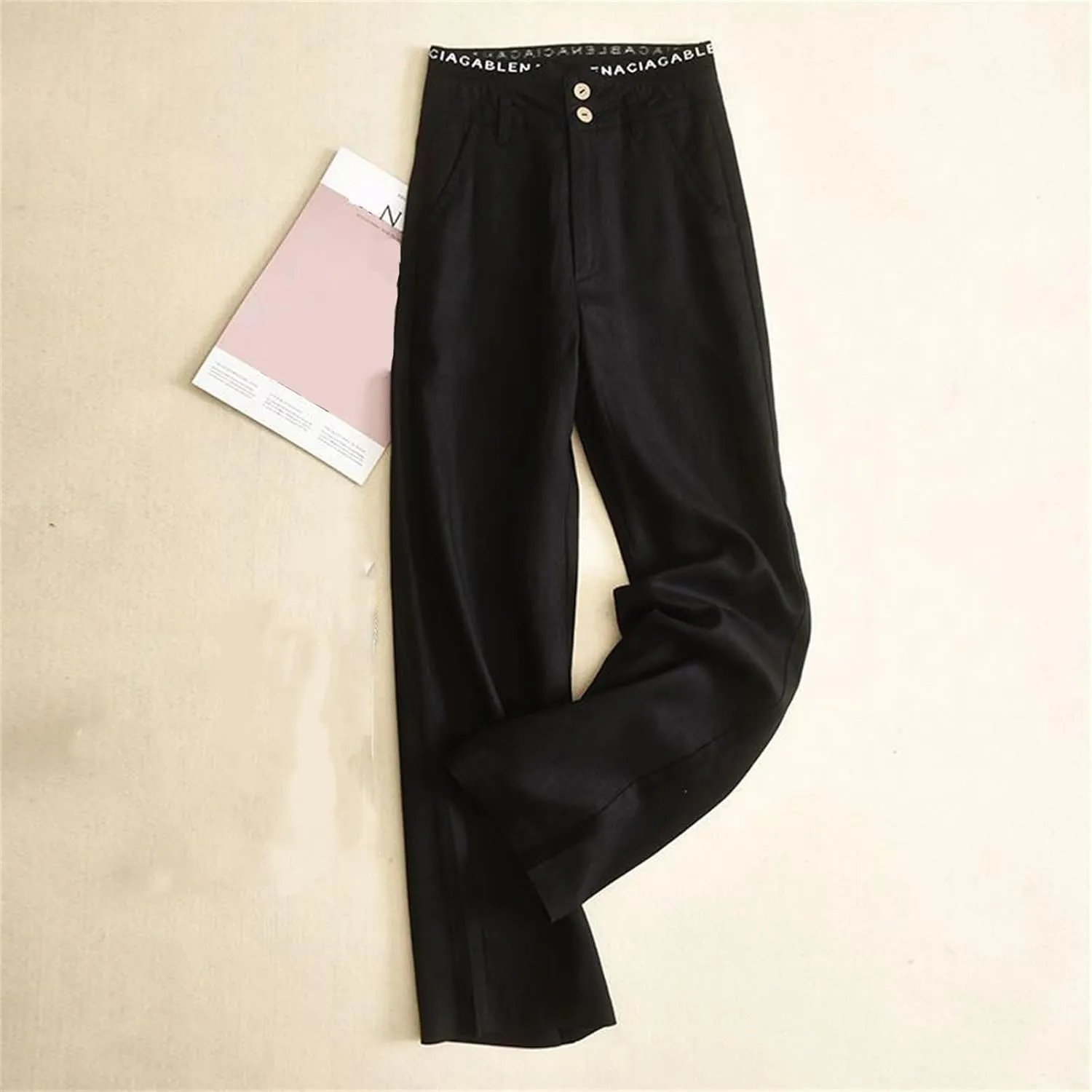 Womens Wide Leg Linen Pants Casual Button High Waisted Palazzo Trousers Summer Comfy Loose Fit Beach Pant with Pockets