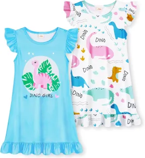 WonderBabe 2Pcs Girls Nightgowns Unicorn Pajamas Toddler Nightgown Sleepwear Flutter Short Sleeves Night Gowns for Kids