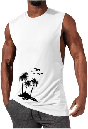 Workout Cut Off Tanks for Men Sleeveless Training Tops Fitness T-Shirts Stylish Athletic Gym Tees Tropical Beach Wear