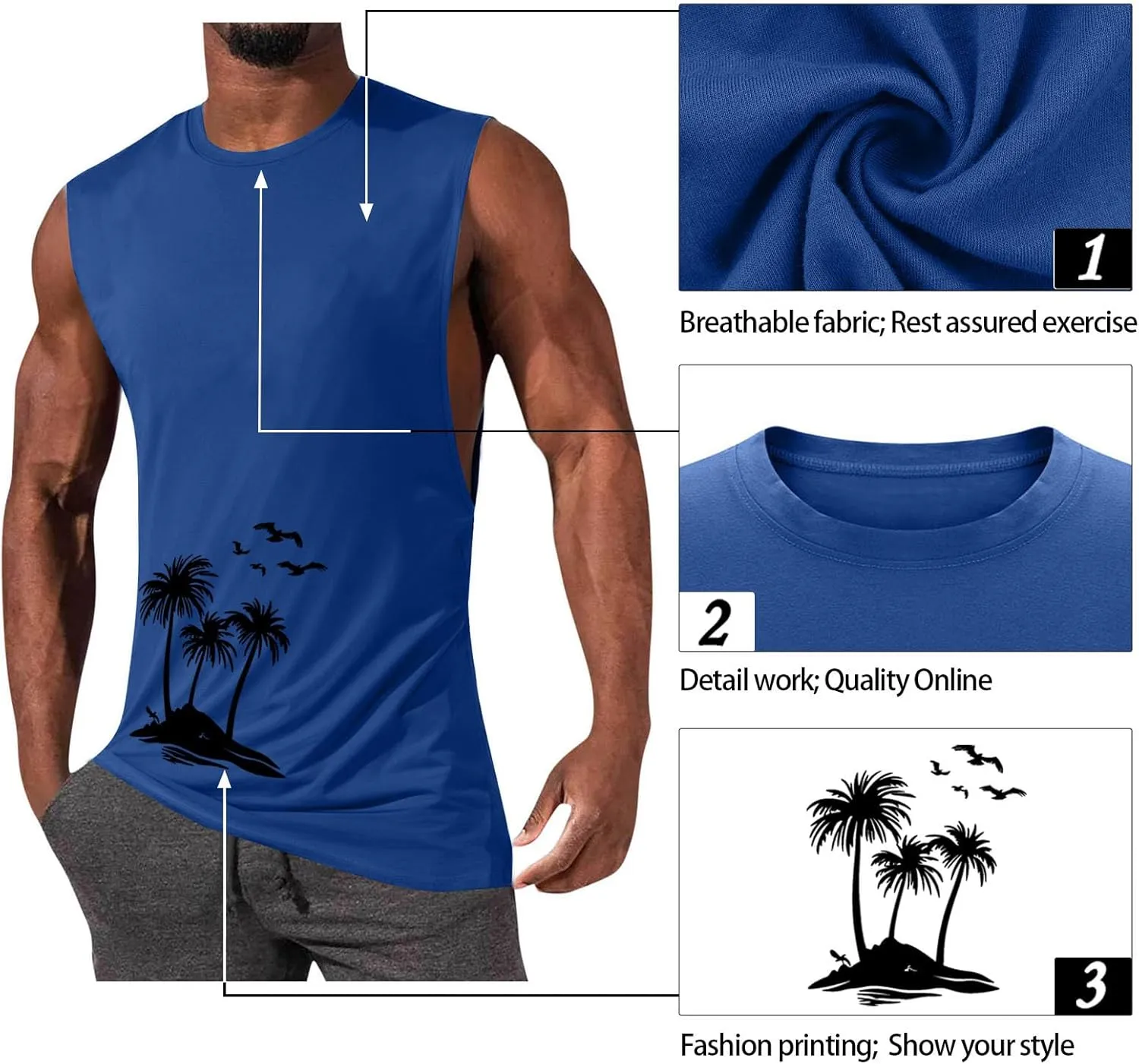 Workout Cut Off Tanks for Men Sleeveless Training Tops Fitness T-Shirts Stylish Athletic Gym Tees Tropical Beach Wear