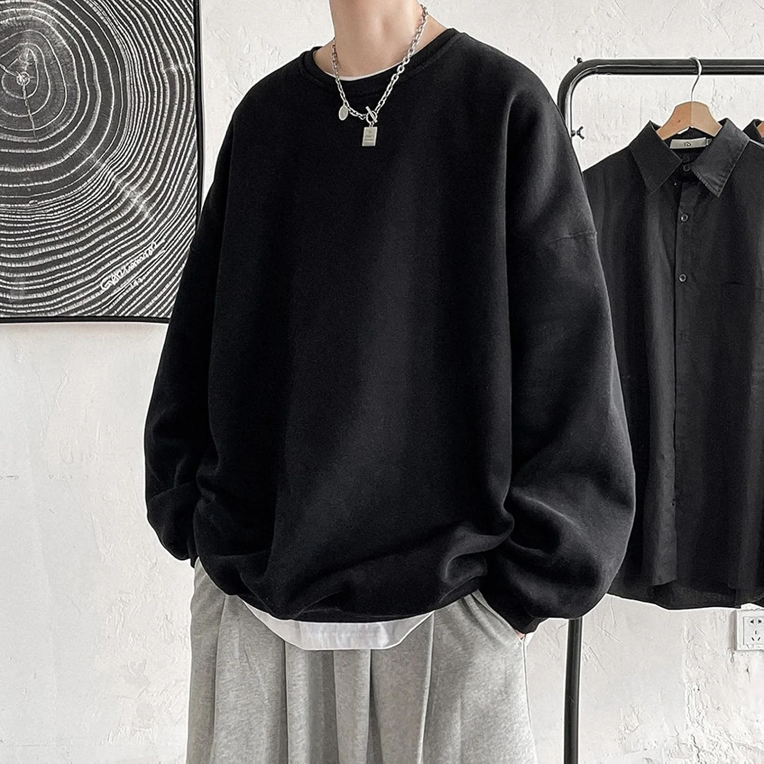 WUAI-Men Crewneck Sweatshirt Plus Size Soft Cozy Hipster Workout Loose Oversized Pullover Sweaters Thermal Jumper Tops