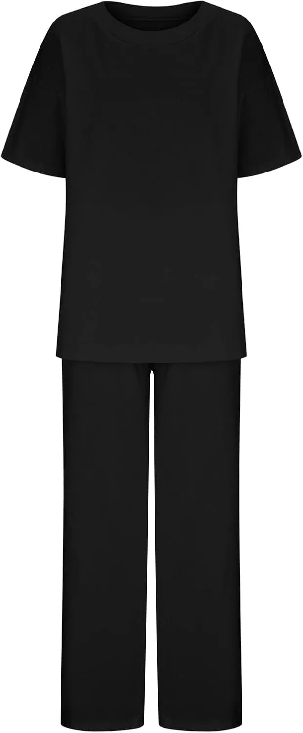 yardsong Summer Outfits for Women 2 Piece Cotton Linen Sets Oversized Short Sleeve Tops Wide Leg Pants Lounge Matching Set