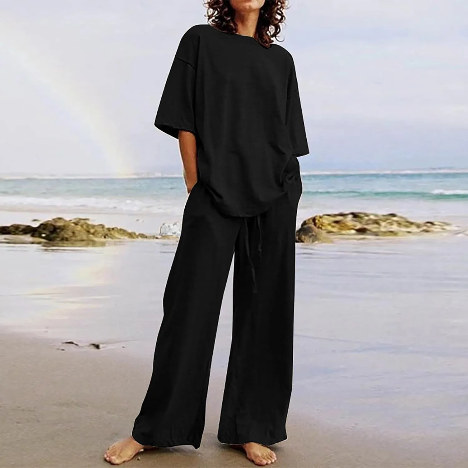 yardsong Summer Outfits for Women 2 Piece Cotton Linen Sets Oversized Short Sleeve Tops Wide Leg Pants Lounge Matching Set