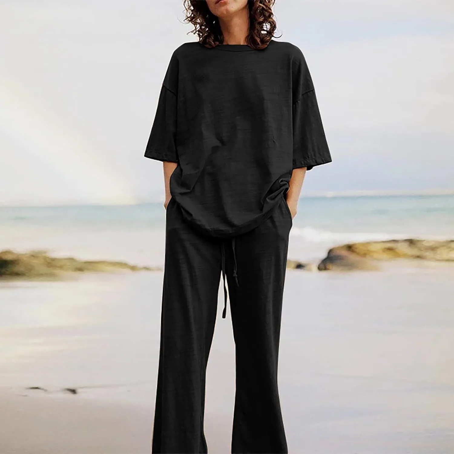 yardsong Summer Outfits for Women 2 Piece Cotton Linen Sets Oversized Short Sleeve Tops Wide Leg Pants Lounge Matching Set