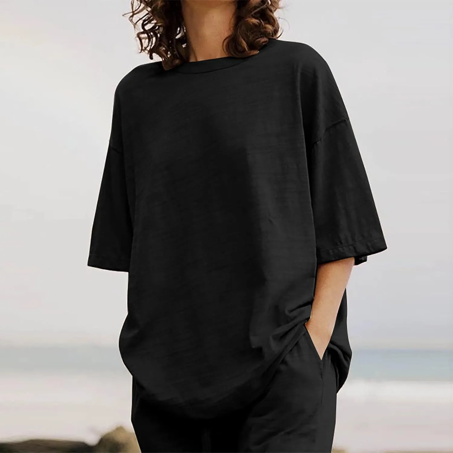 yardsong Summer Outfits for Women 2 Piece Cotton Linen Sets Oversized Short Sleeve Tops Wide Leg Pants Lounge Matching Set