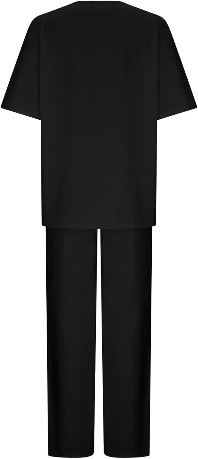 yardsong Summer Outfits for Women 2 Piece Cotton Linen Sets Oversized Short Sleeve Tops Wide Leg Pants Lounge Matching Set