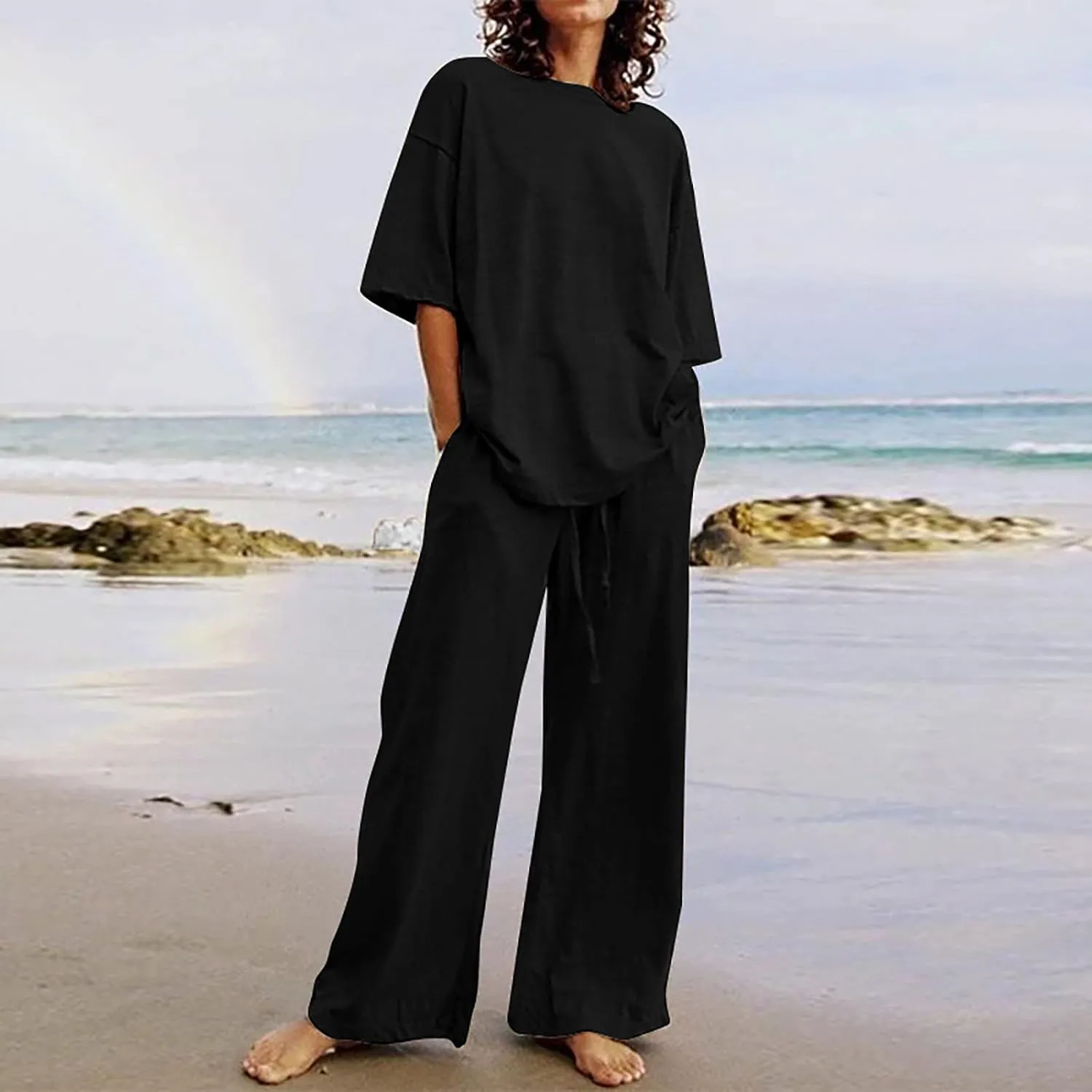 yardsong Summer Outfits for Women 2 Piece Cotton Linen Sets Oversized Short Sleeve Tops Wide Leg Pants Lounge Matching Set
