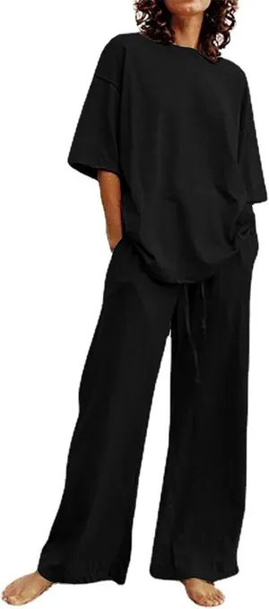 yardsong Summer Outfits for Women 2 Piece Cotton Linen Sets Oversized Short Sleeve Tops Wide Leg Pants Lounge Matching Set