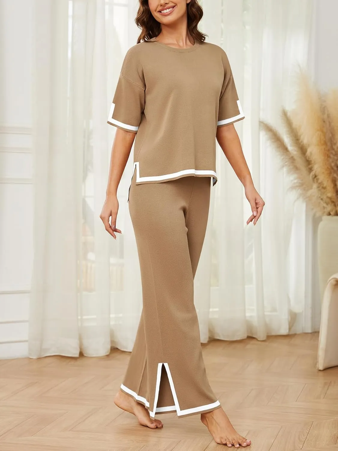 YIJIU Women's 2 Piece Outfits Short Sleeve Knit Sweater Pullover Tops Soft Wide Leg Pants Lounge Sets Tracksuits
