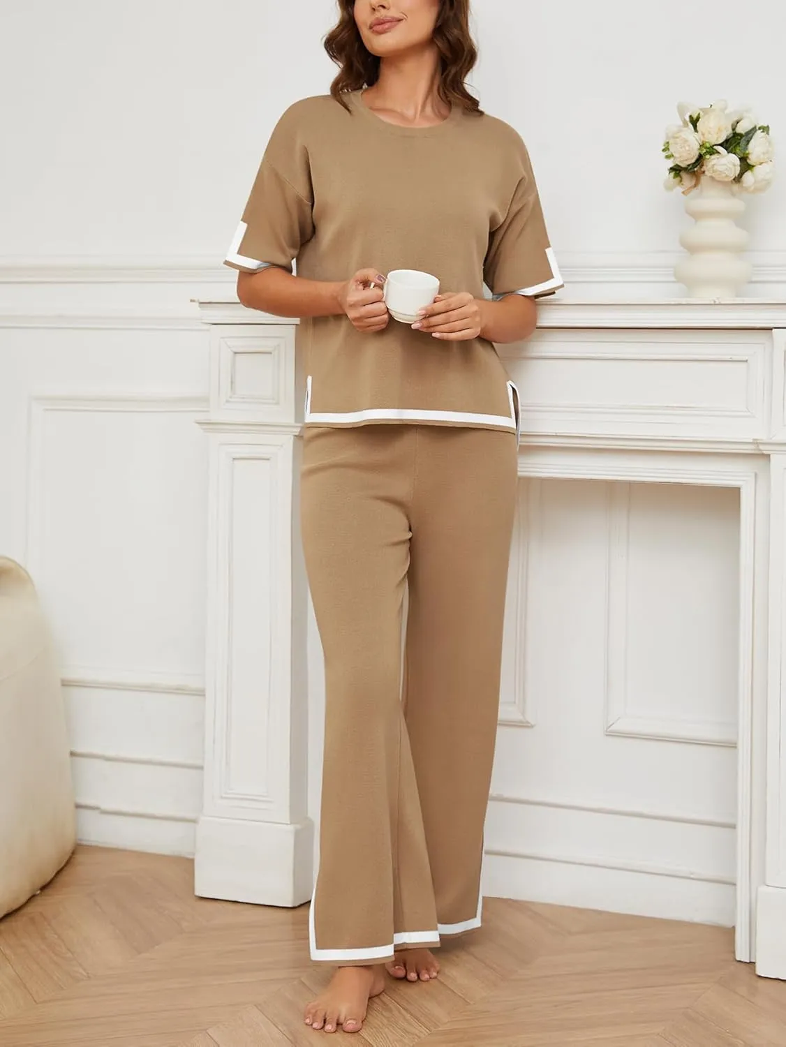 YIJIU Women's 2 Piece Outfits Short Sleeve Knit Sweater Pullover Tops Soft Wide Leg Pants Lounge Sets Tracksuits