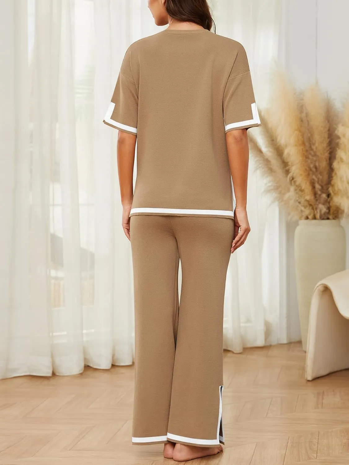 YIJIU Women's 2 Piece Outfits Short Sleeve Knit Sweater Pullover Tops Soft Wide Leg Pants Lounge Sets Tracksuits