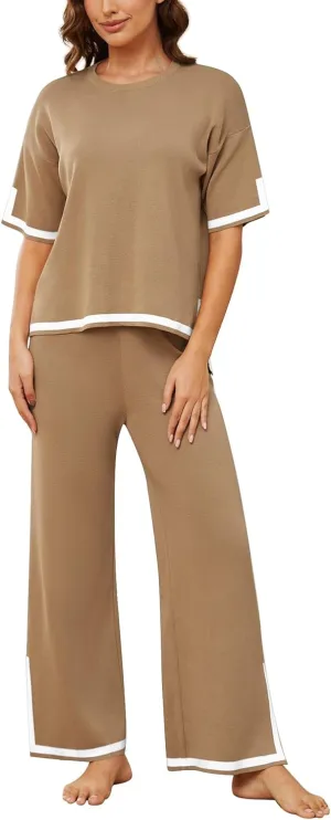 YIJIU Women's 2 Piece Outfits Short Sleeve Knit Sweater Pullover Tops Soft Wide Leg Pants Lounge Sets Tracksuits