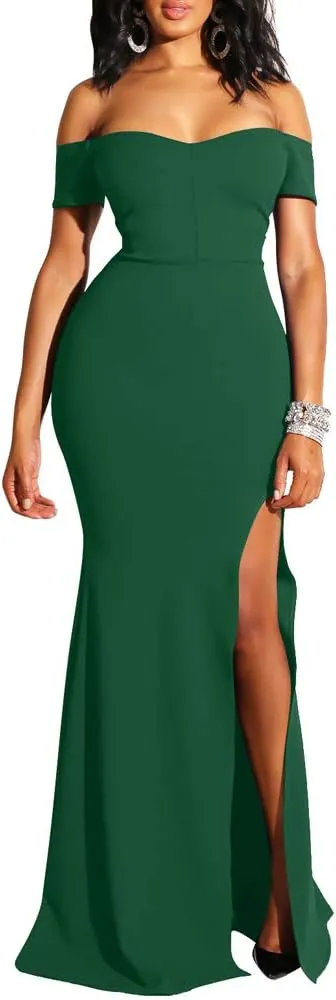 YMDUCH Women's Off Shoulder High Split Long Formal Party Dress Evening Gown