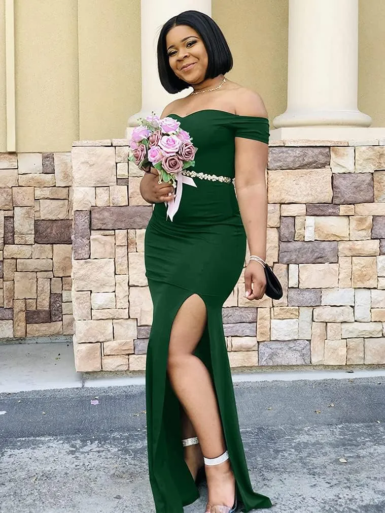 YMDUCH Women's Off Shoulder High Split Long Formal Party Dress Evening Gown