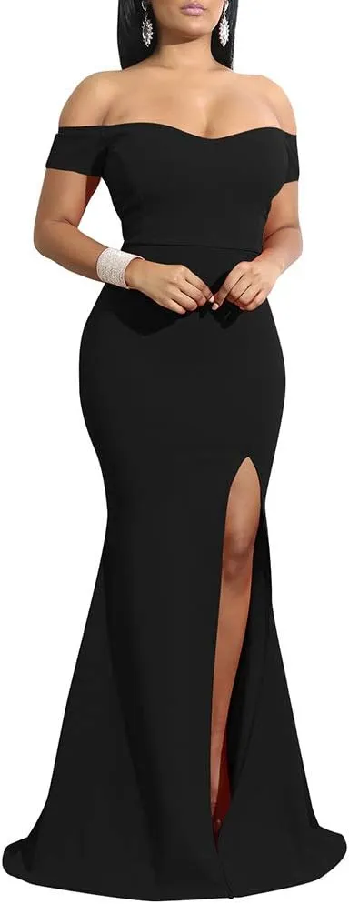 YMDUCH Women's Off Shoulder High Split Long Formal Party Dress Evening Gown
