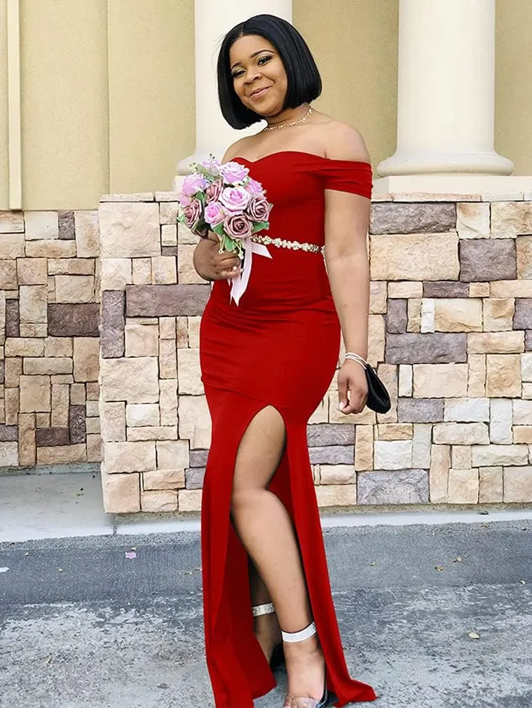YMDUCH Women's Off Shoulder High Split Long Formal Party Dress Evening Gown