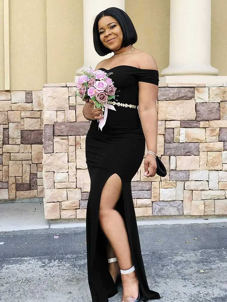 YMDUCH Women's Off Shoulder High Split Long Formal Party Dress Evening Gown