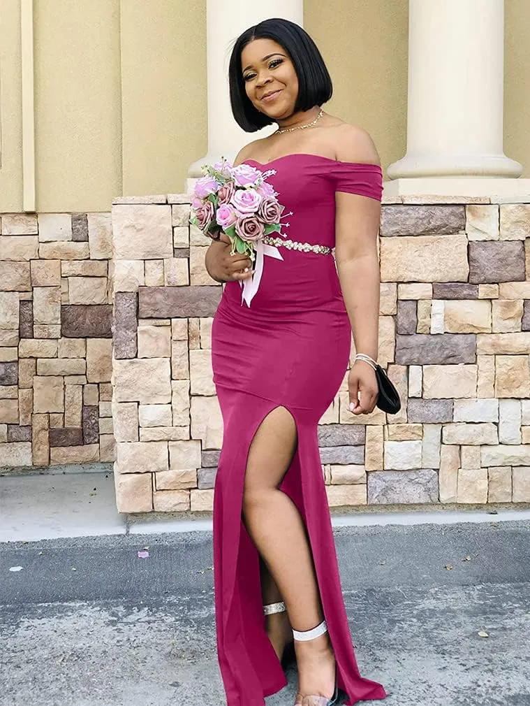 YMDUCH Women's Off Shoulder High Split Long Formal Party Dress Evening Gown