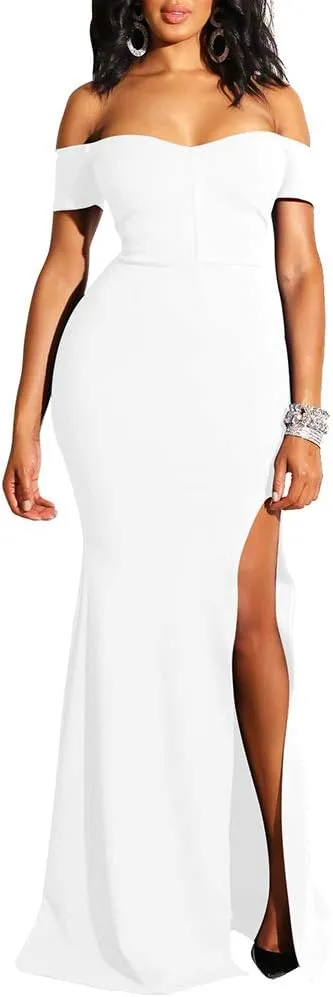 YMDUCH Women's Off Shoulder High Split Long Formal Party Dress Evening Gown