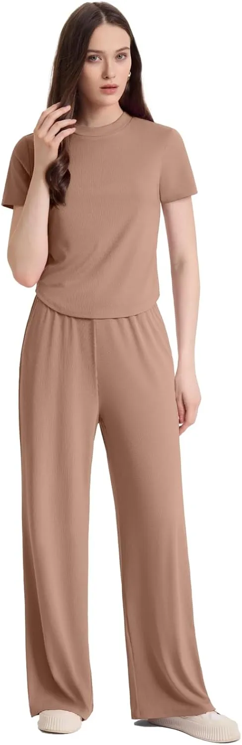 ZANZEA Pajamas For Women Set Ribbed Short Sleeve Tops Wide Leg Pants Comfy Pjs 2 Piece Lounge Sets Cute Outfits