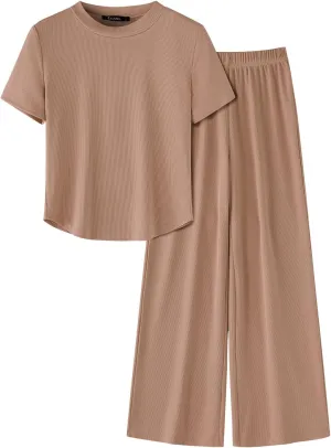 ZANZEA Pajamas For Women Set Ribbed Short Sleeve Tops Wide Leg Pants Comfy Pjs 2 Piece Lounge Sets Cute Outfits