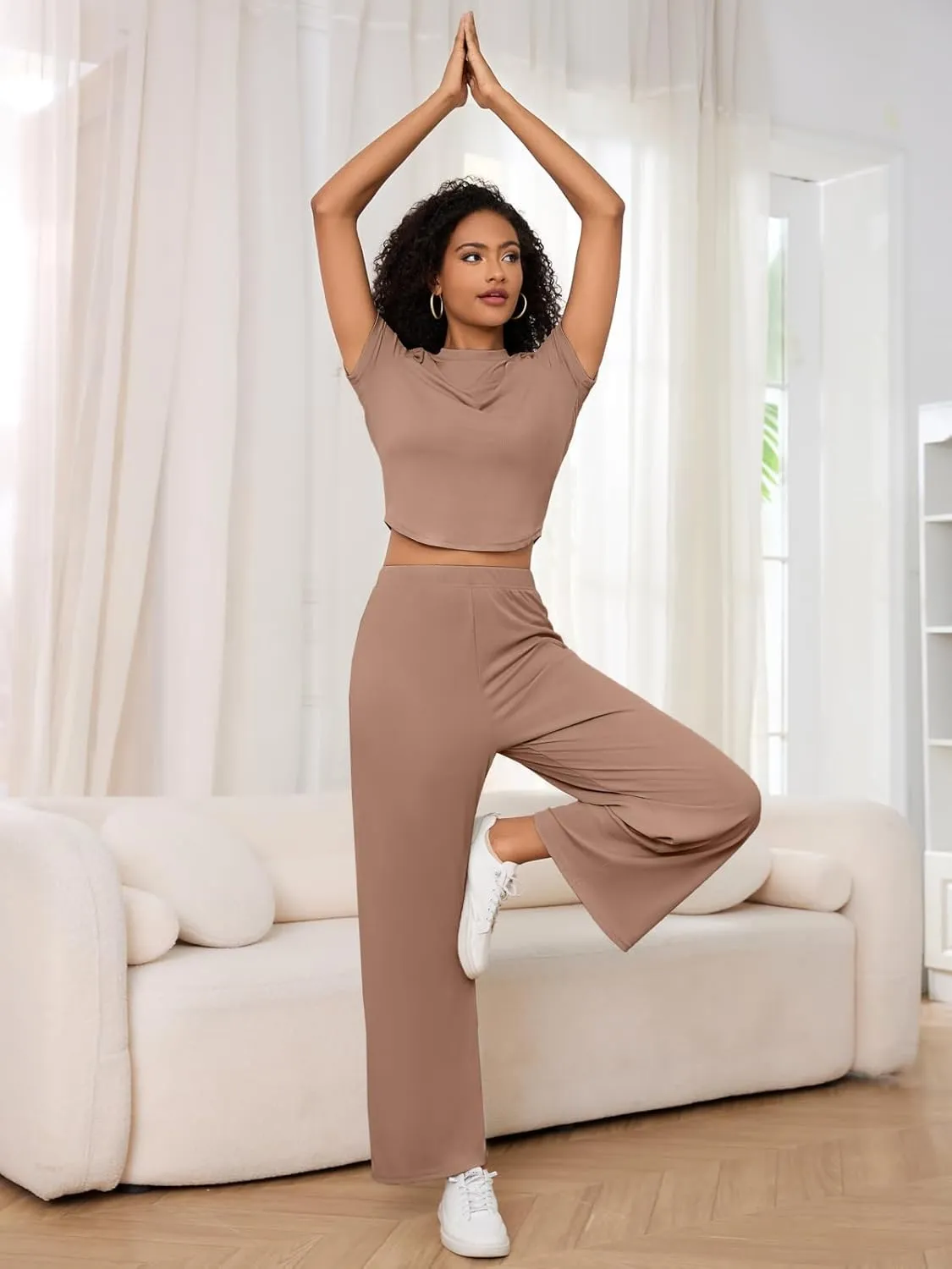 ZANZEA Pajamas For Women Set Ribbed Short Sleeve Tops Wide Leg Pants Comfy Pjs 2 Piece Lounge Sets Cute Outfits
