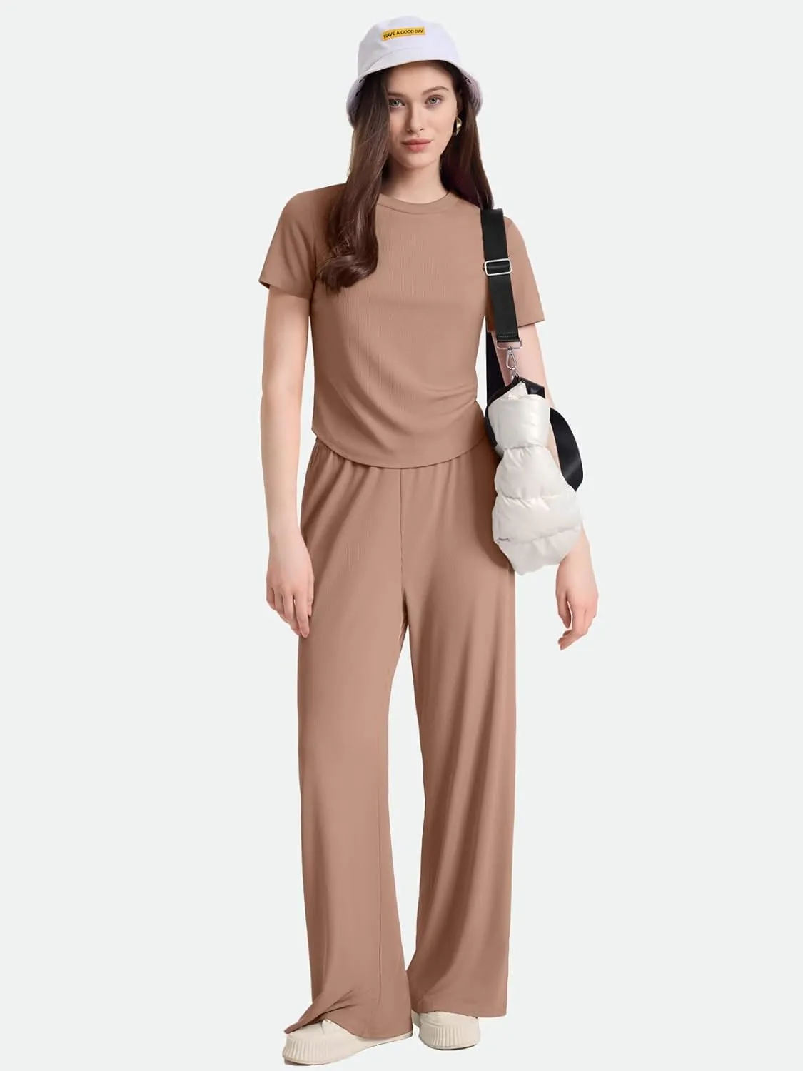 ZANZEA Pajamas For Women Set Ribbed Short Sleeve Tops Wide Leg Pants Comfy Pjs 2 Piece Lounge Sets Cute Outfits
