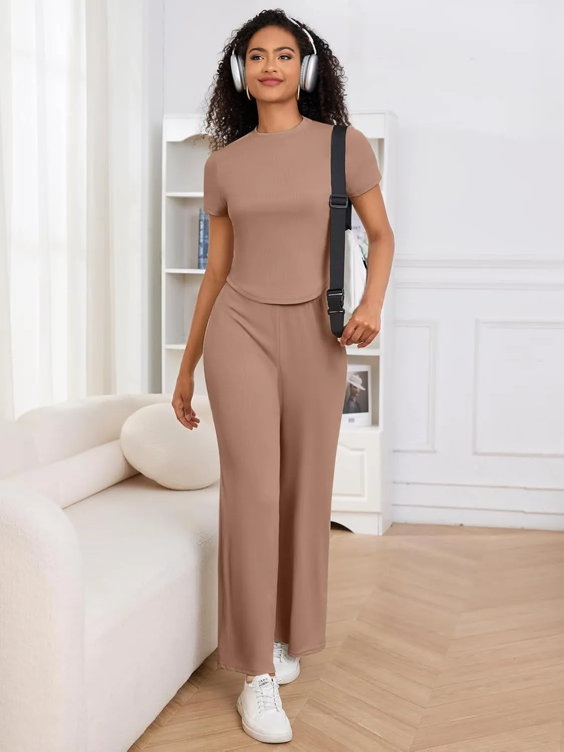 ZANZEA Pajamas For Women Set Ribbed Short Sleeve Tops Wide Leg Pants Comfy Pjs 2 Piece Lounge Sets Cute Outfits
